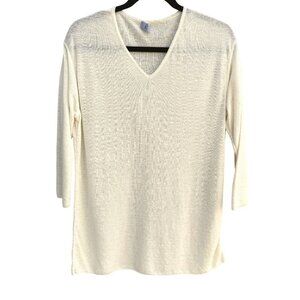 IKI Womens Cream Italian Linen Lagenlook Knit V-Neck 3/4 Sleeve Pullover Top L